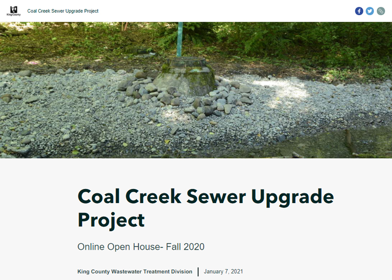 Photo of exposed maintenance hole cover and riser near Coal Creek. This is an introductory title slide for an open house presentation.