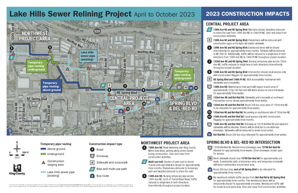 Lake Hills Sewer Relining Project construction map shows the project area between 120th Ave Ne and NE Spring Boulevard and symbols for where construction activities will take place. 