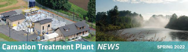banner at top of spring 2022 newsletter displaying aerial view of treatment plant and the nearby Snoqualmie River