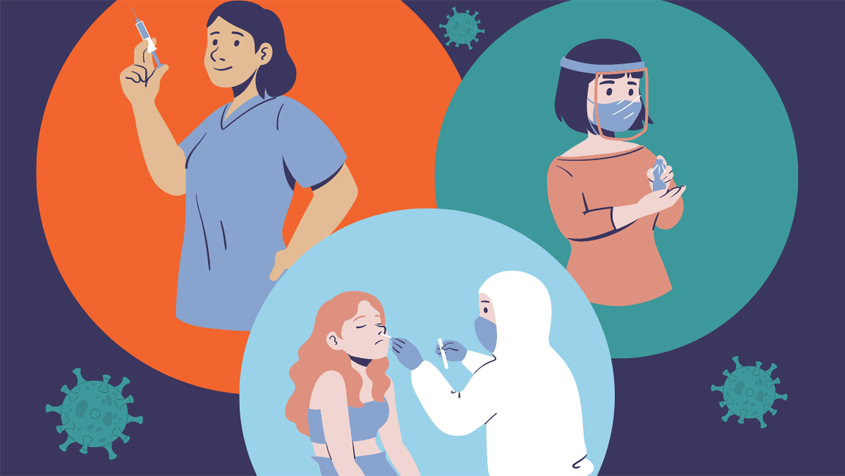 Illustrations of people getting tested, vaccinated, and wearing protection against COVID-19