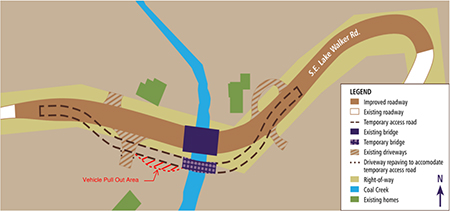 Map showing temporary road and bridge.