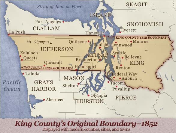 multi-colored map of 1852 King county boundary lines