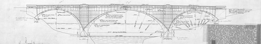 Black-line drawing of a three-arch concrete bridge