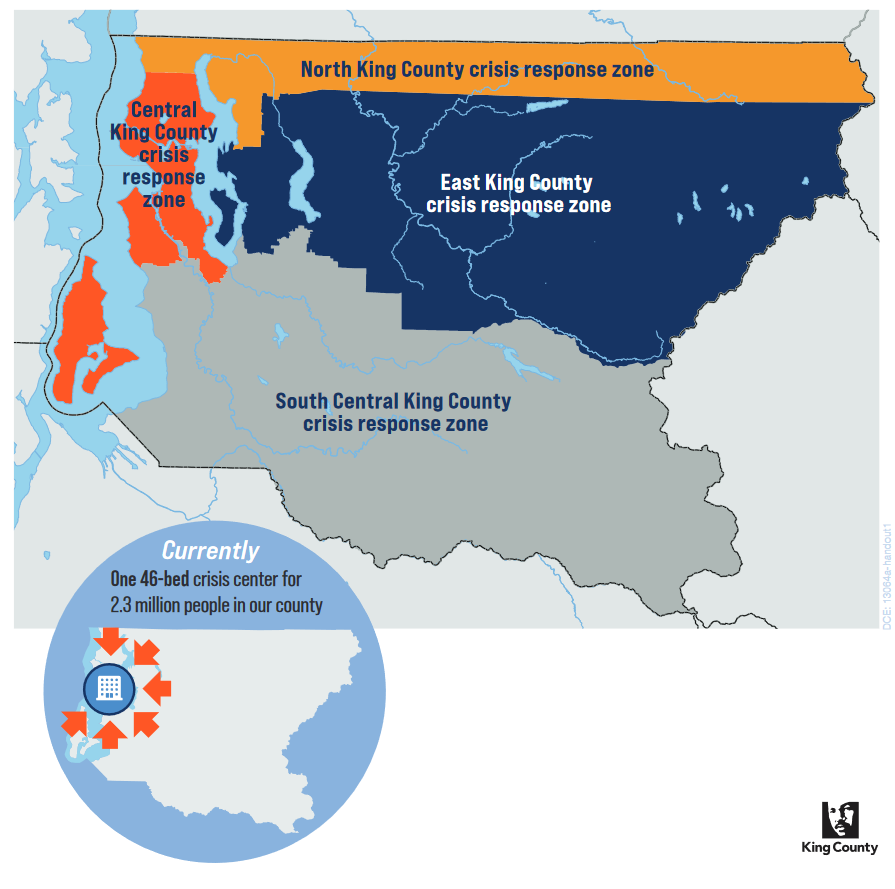 A map showing the boundaries of each crisis response zone in King County.