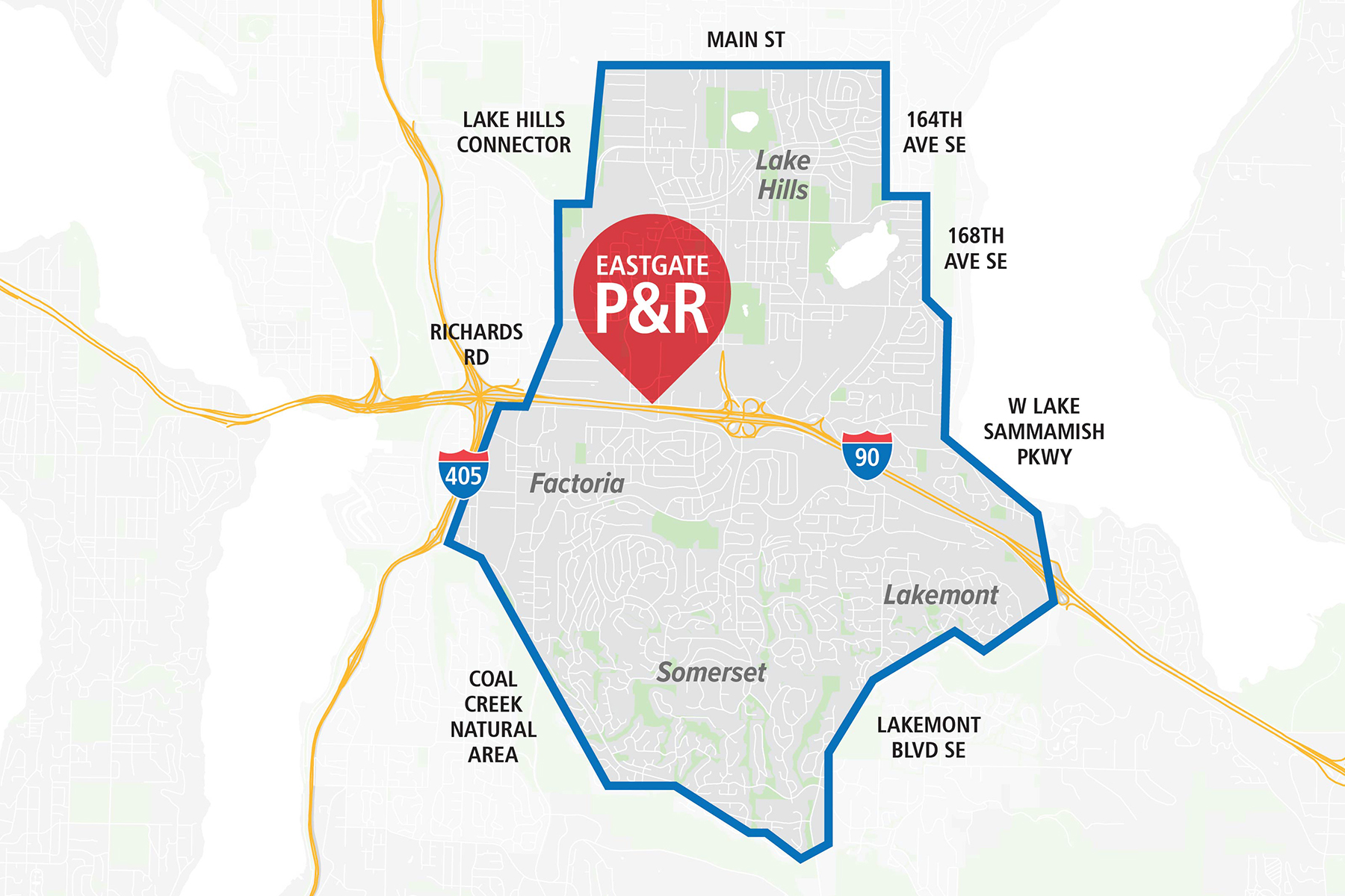 The service area for Eastgate Park and Ride is bordered by Main Street to the north, 164th, 168th, West Lake Samammish Parkway and Lakemont Boulevard SE to the west, Lake Hills Connector, Richards Road and the Coal Creek Natural Area to the east.