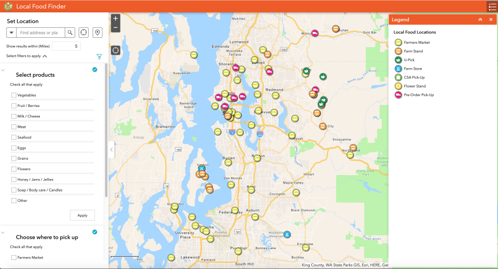 A screenshot of a local food finder map. 