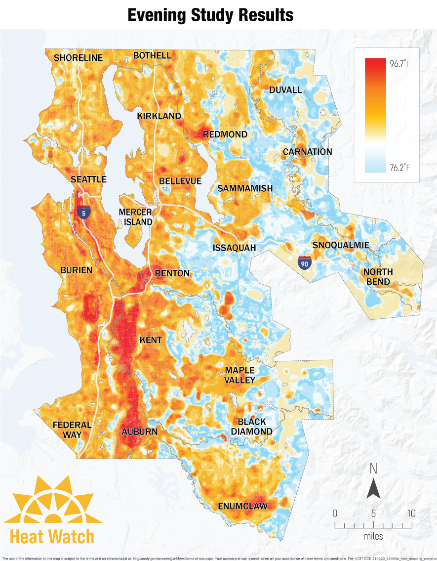 A map showing evening temperatures in King County.