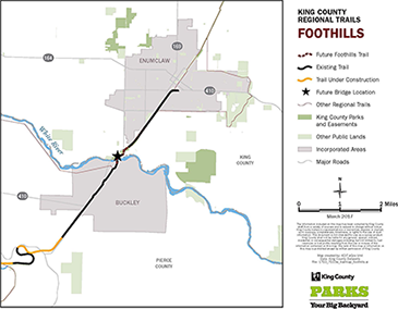 Foothills Trail map showing the planned bridge crossing the White River, connecting King County and Pierce County (small version)