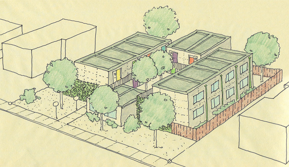 An artist's rendering of new homeless micro-housing.