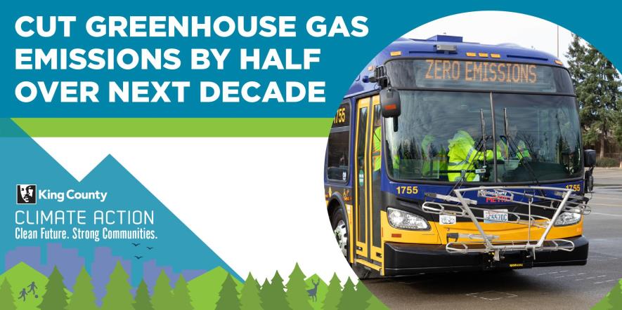Graphic that reads: Cut greenhouse gas emissions by half over the next decade