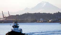 tugboat and Mount Rainier