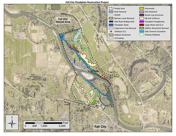 Fall City floodplain restoration project plan and aerial photo