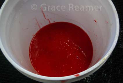 Kokanee eggs and milt in a plastic mixing bucket at Issaquah Hatchery, by Grace Reamer