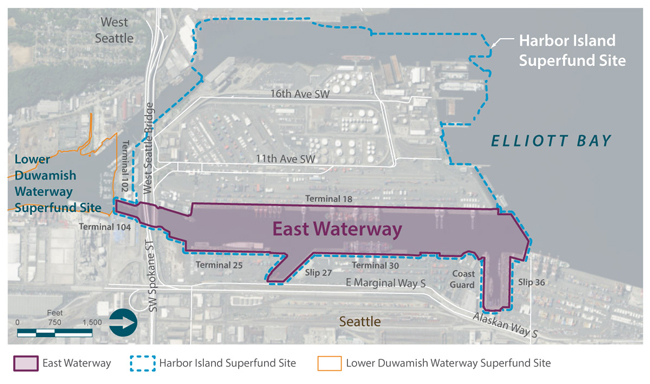 map displaying the location of the East Waterway, located east of Harbor Island and southwest of downtown Seattle