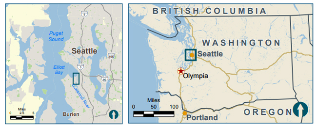located map for the East Waterway, south of downtown Seattle, Washington, USA