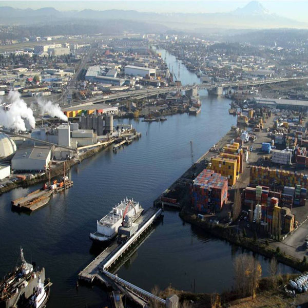 Duwamish Waterway, looking southeast with Mount Rainier in the distance
