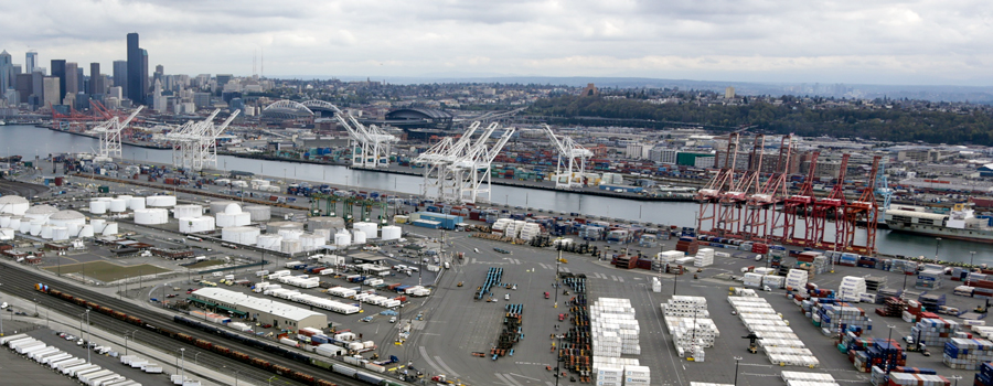 Aerial photo of industrial area and shipping cranes next to the East Waterway, located north of the West Seattle Bridge and south of downtown Seattle