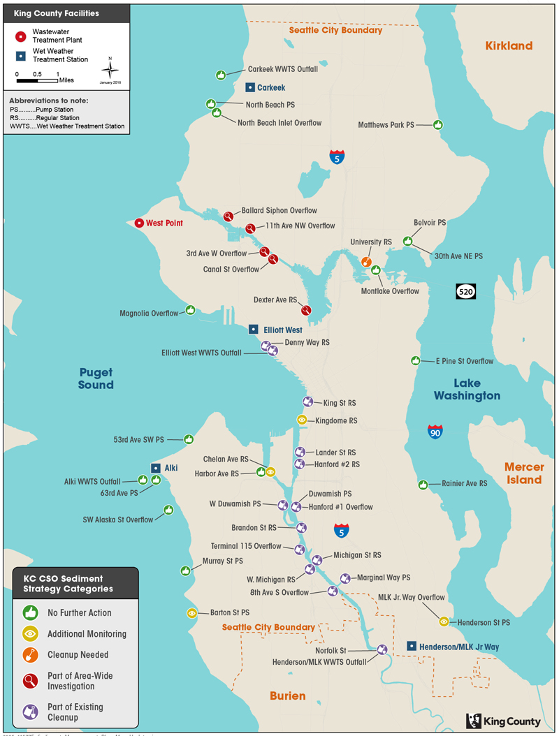 Map displaying combined sewer overflow sites (next to waterways) in the Seattle area. Each site is designated one of five strategies: no further action, additional monitoring, cleanup needed, part of area-wide investigation, or part of existing cleanup.