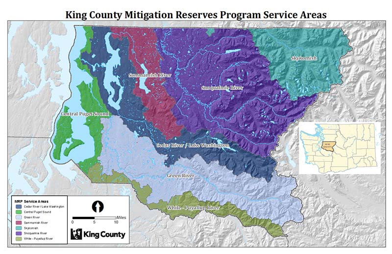 Map of all Service Areas for King County's Mitigation Reserves Program