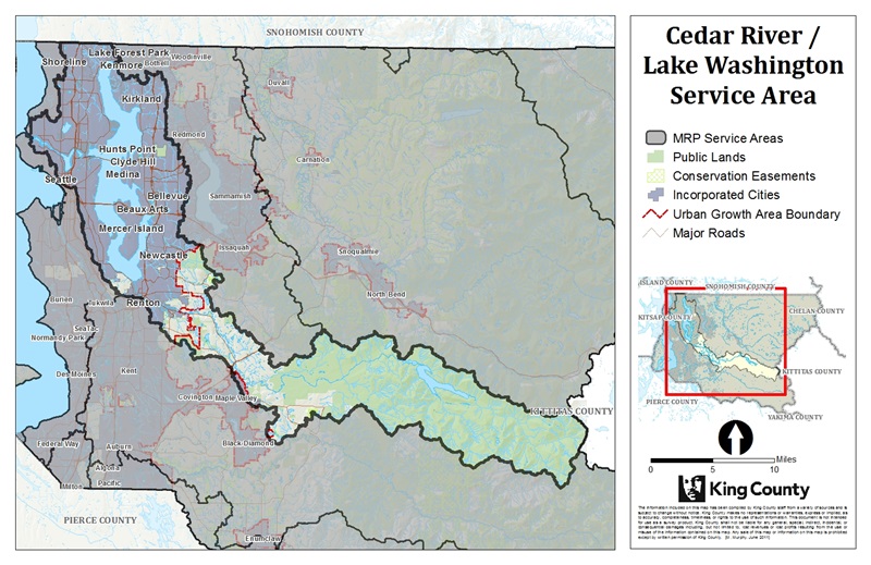 Map of Cedar River Lake Washington Service Area for King County Mitigation Reserves Program