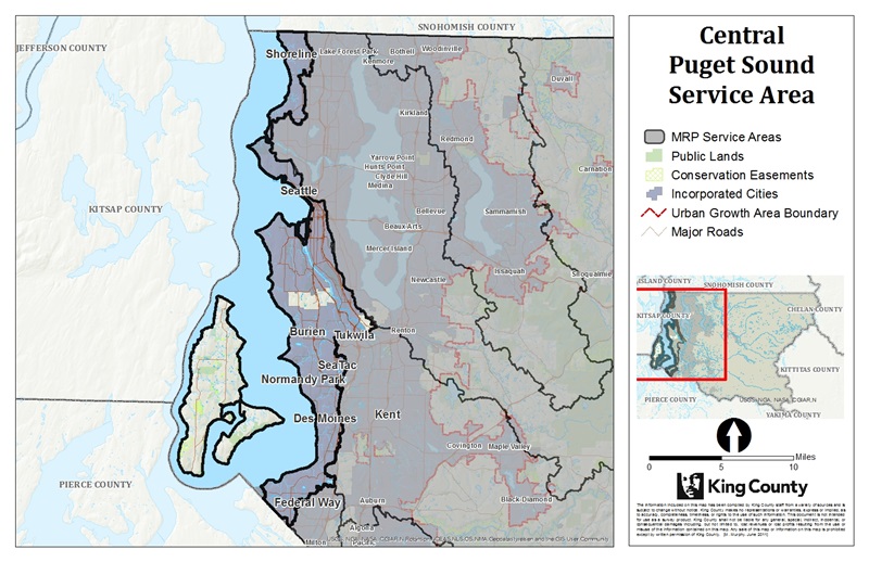 Map of Central Puget Sound Service Area for King County Mitigation Reserves Program