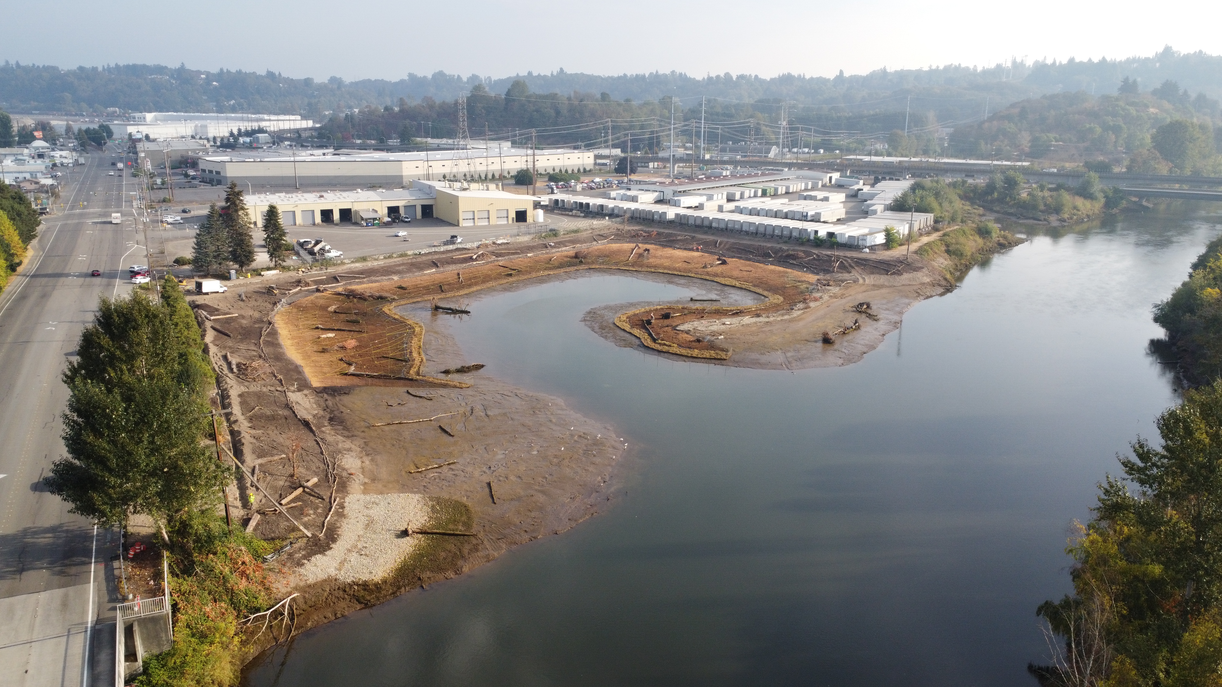Drone photo of the Chinook Wind riparian wetland project site on the Duwamish River