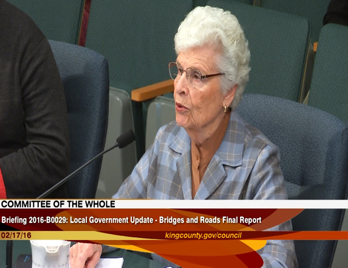 Louise Miller speaking at the Bridges and Roads Task Force 021716 King County Council Committee of the Whole presentation