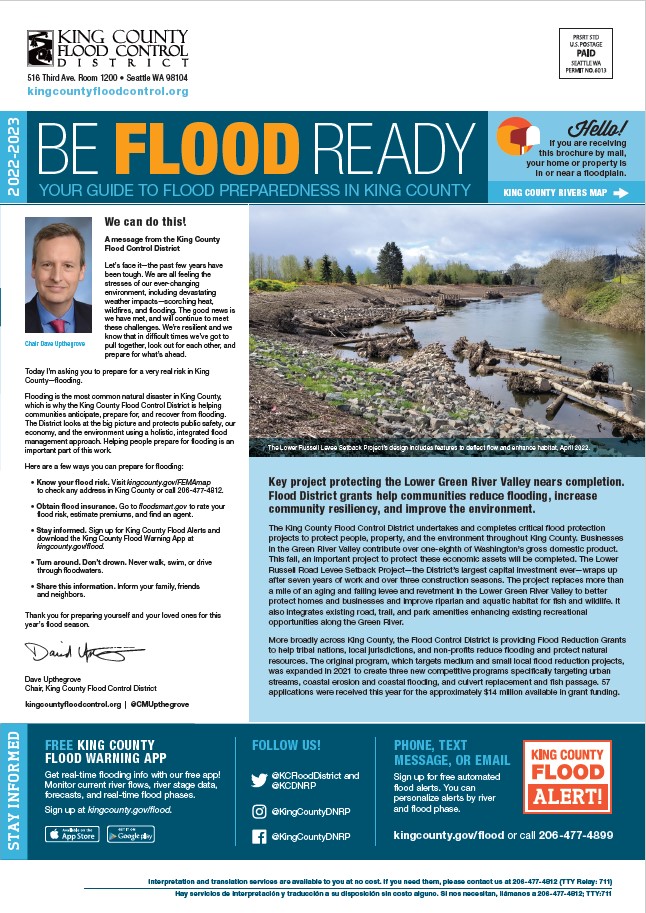 Front page of a the 2022-2023 Be Flood Ready Brochure with a photo of the Green River.